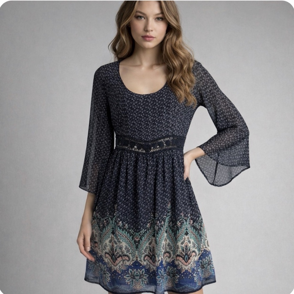 Hollister Bell Sleeve Mini Dress sz M Whimsigoth Dark Romantic Wood Fairy Flowy